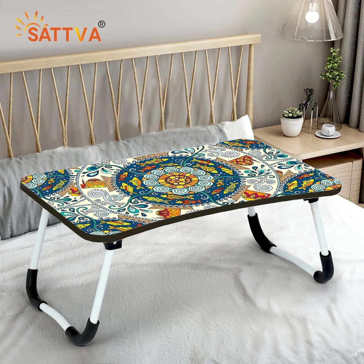 Wooden Multipurpose Mandala Printed Laptop Table Foldable Portable Non Slip Legs