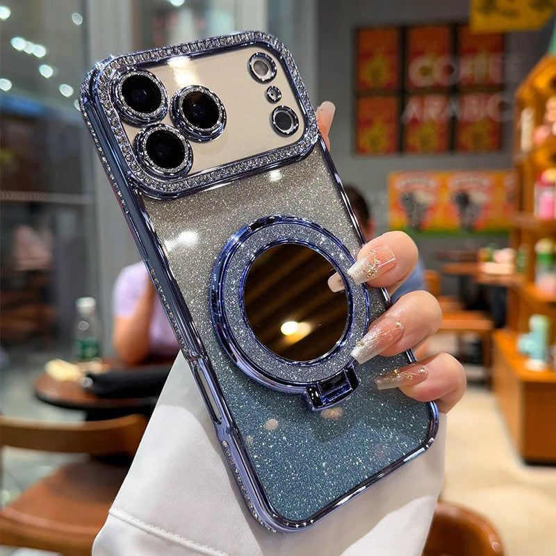 IPhone17 Magnetic Glitter Mobile Phone Case Rhinestone Mirror Invisible Bracket