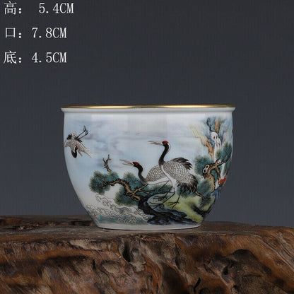 125ML Chinese Porcelain Jingdezhen Colour Enamel Pine Crane Pattern Tea Cups