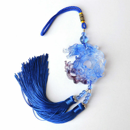 Liuli Blue Crystal Dragon Car Hanging Ornament Feng Shui Talisman Amulet Pendant