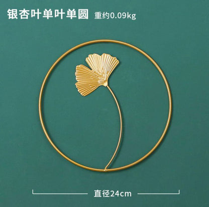 Wall Hanging Ornament 24cm Iron Golden Picture Frame Ginkgo Leaf Palm Tree Decor