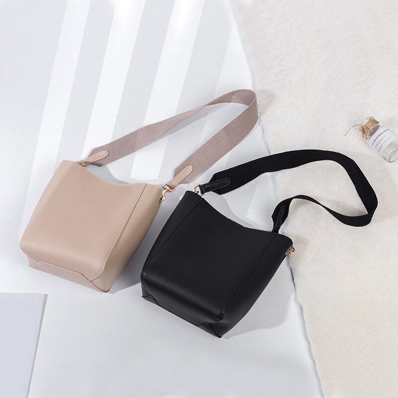Bucket Shoulder Bag Women Handbags Synthetic Leather Messenger Bags Wide Strap