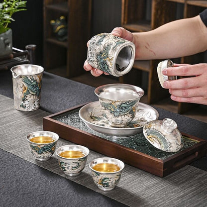 Boutique Tea Set Pure Silver Ceramic Gaiwan Pitcher Matching Tea Cup Filter Net
