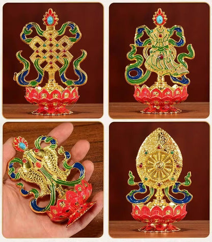 8 Pcs Tibetan Buddhist Eight Auspicious Symbols Lotus Base Statue Home Decor