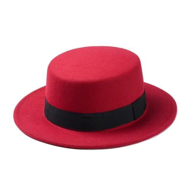 Flat Top Hat Wool Pork Pie Boater Fashion for Men Women Wide Brim Gambler Hat