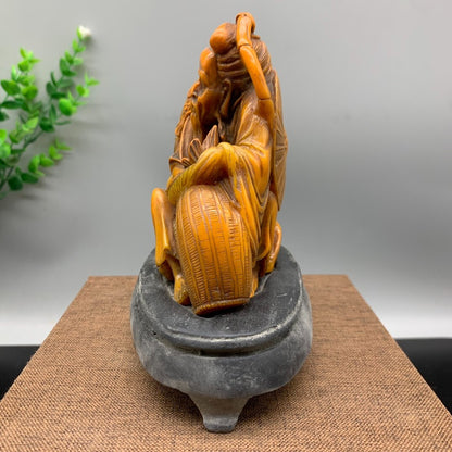 4" Noble Old Shoushan Stone Handwork Carved Old Fisherman Fish Statue Seal Stamp