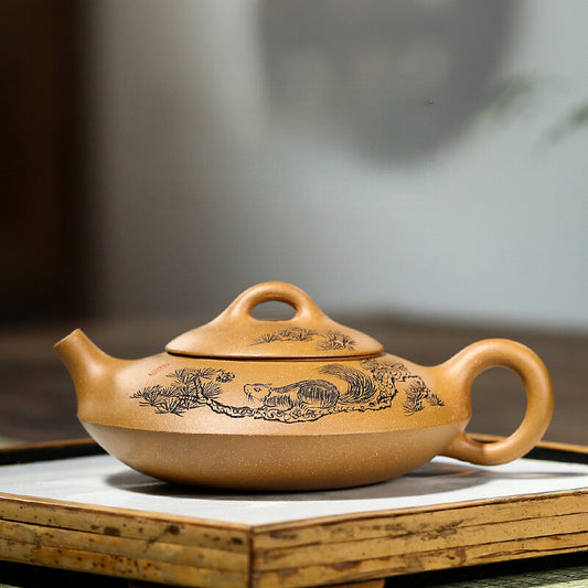 China Yixing Zisha Pottery Crab Roe Duan Clay Handmade 200cc Mesh Teapot 刻绘合欢