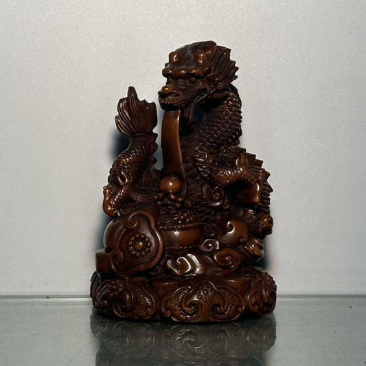 Vintage Chinese Boxwood Carved Dragon Statue Home Decor Wooden Animal Figurines