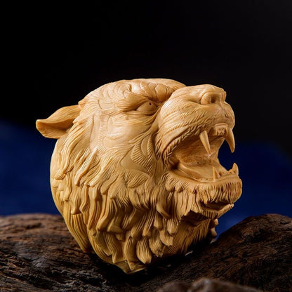 WOODEN BOXWOOD HANDMADE TIGER HEAD STATUE NETSUKE COLLECTION HAND PIECE