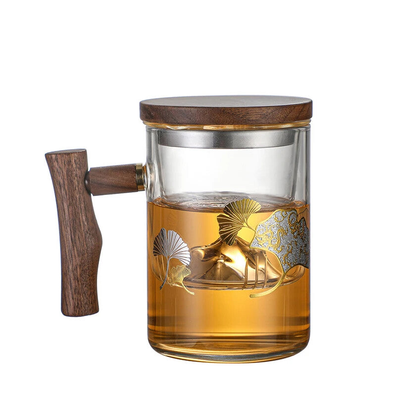 4.92" Wooden Handle Guanshan Cup Household High Borosilicate Glass Filter Teacup