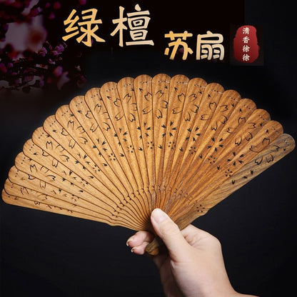 Green Sandalwood Suzhou Fan Hollow Cherry Blossom Folding Fan with Stand