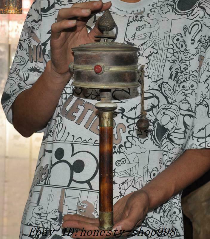 14.8'' old Tibetan Buddhism Tibetan silver Cowhide wood scriptures Prayer wheel