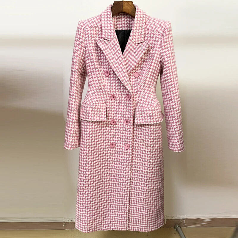 Fall Winter Overcoat Women's Double Breasted Pink Tweed Wool Long Coat