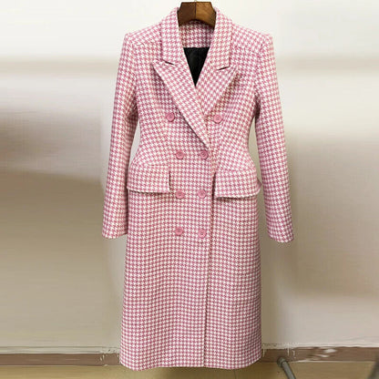 Fall Winter Overcoat Women's Double Breasted Pink Tweed Wool Long Coat