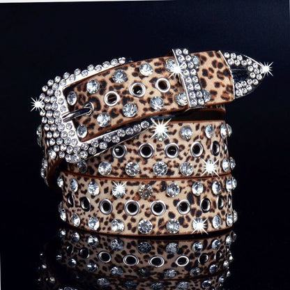 Women Leather Belt Rhinestone Fashion Men Casual Bling Jeans Waistband 110x3.3cm