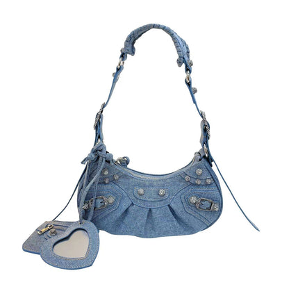Shoulder Bag Handbag Pleated Rivet Fashion Underarm Bag Motorcycle Bag Polyester