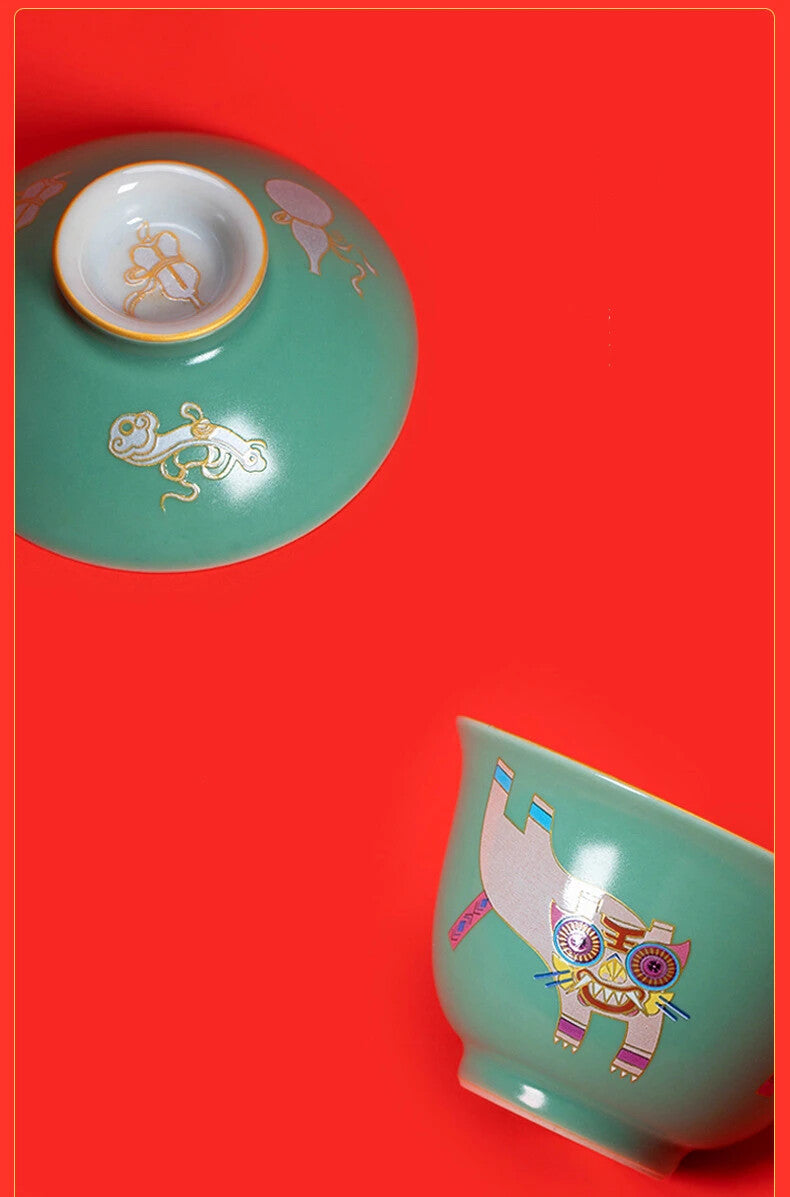 Chinese Funny Tiger Porcelain Gaiwan For Tea Green Tureen With Lid Teaware Tea
