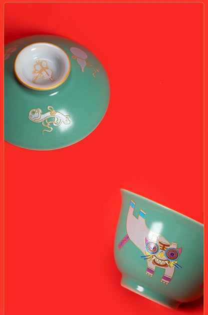 Chinese Funny Tiger Porcelain Gaiwan For Tea Green Tureen With Lid Teaware Tea