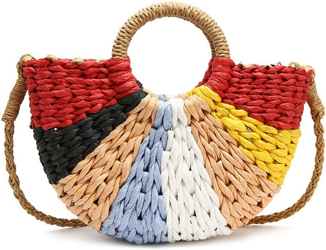 Hand Woven Rattan Women Retro Bag Colorful Boho Shoulder Crossbody Handle Gift