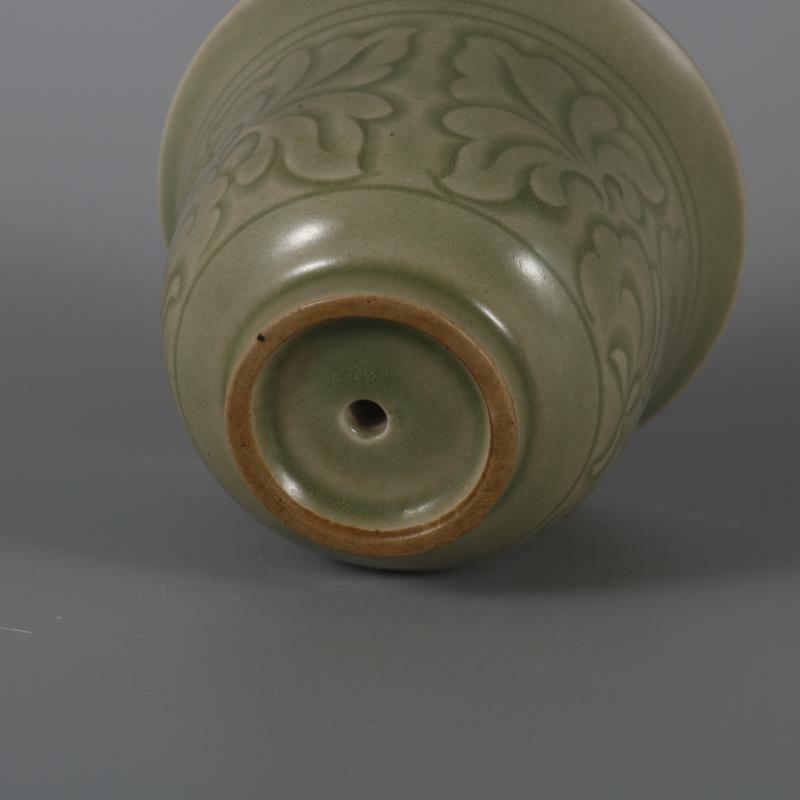 3.26 inch Chinese Song Celadon Porcelain Carved Flowers Dragon Shape Teacup Cup