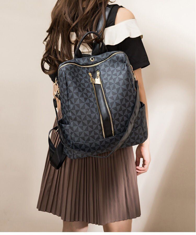 Synthetic Leather Backpacks 2 Pcs Sets Traveling Bags Geometric Print Polyester