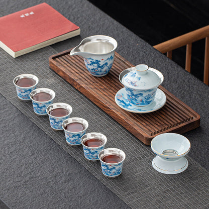 Complete Tea Set Pure Silver Ceramic Gaiwan Matching Tea Cup Pitcher Filter Net