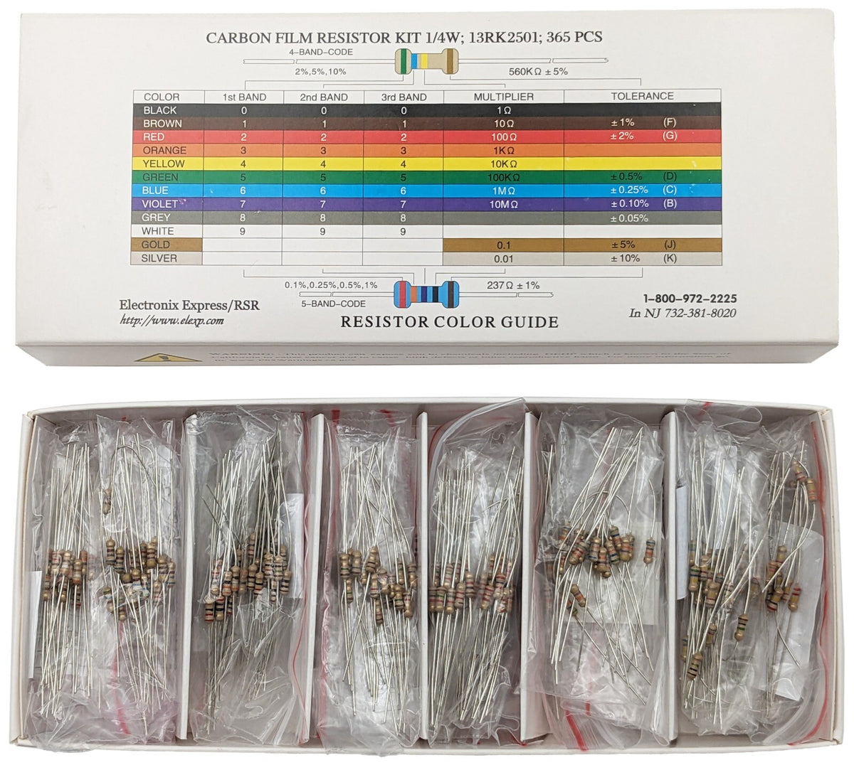 365 Piece Resistor Kit 1/4 Watt in Compartmentalized Cardboard Storage Box
