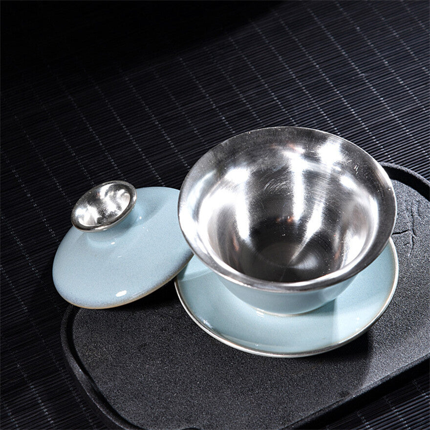 Five Kiln Tea Bowl Gaiwan Teacup Gilt Silver Porcelain Kung Fu Silver Tea Bowl