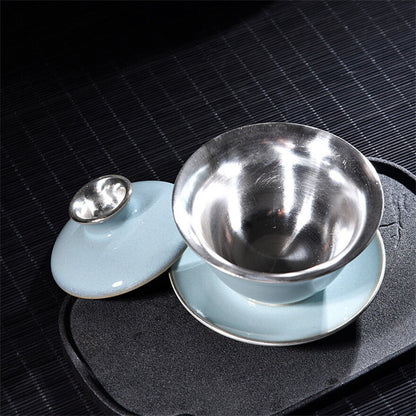 Five Kiln Tea Bowl Gaiwan Teacup Gilt Silver Porcelain Kung Fu Silver Tea Bowl