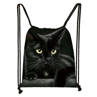 Black Cat Drawstring Bag Women Shopping Purse Canvas Travelling Bag Backpack 1PC