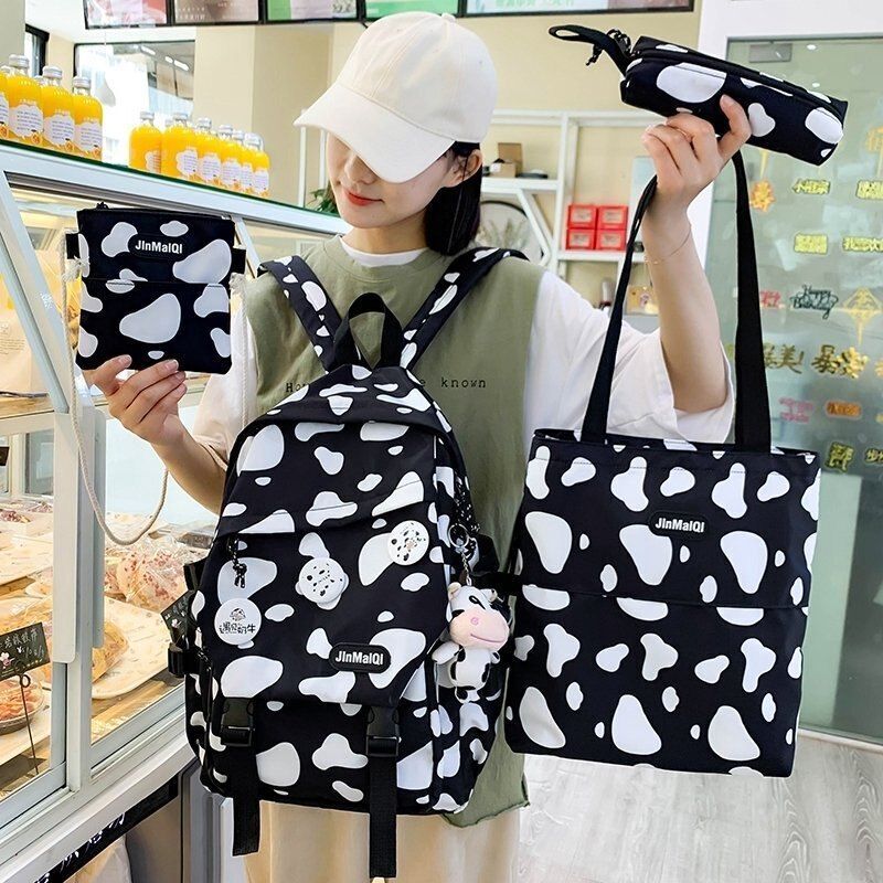 4PCS Set Backpacks Nylon Waterproof Schoolbag Traveling Bags 43*12*28 CM Black