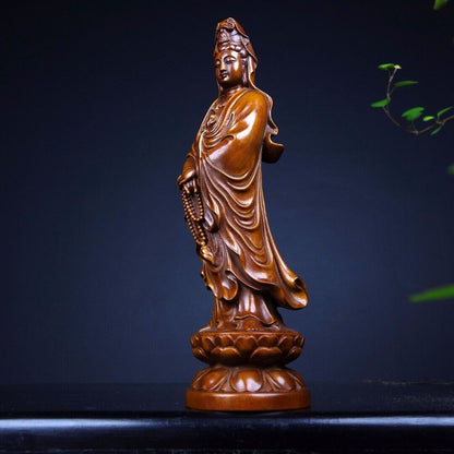Old Chinese Boxwood Wood hand Carved lotus Guanyin Buddha exquisite Statue