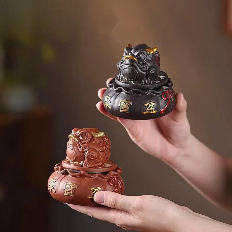 9.3cm Purple Clay Rotating Golden Toad Treasure Basin Tea Pet Handmade Statue