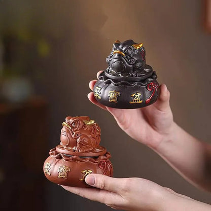9.3cm Purple Clay Rotating Golden Toad Treasure Basin Tea Pet Handmade Statue