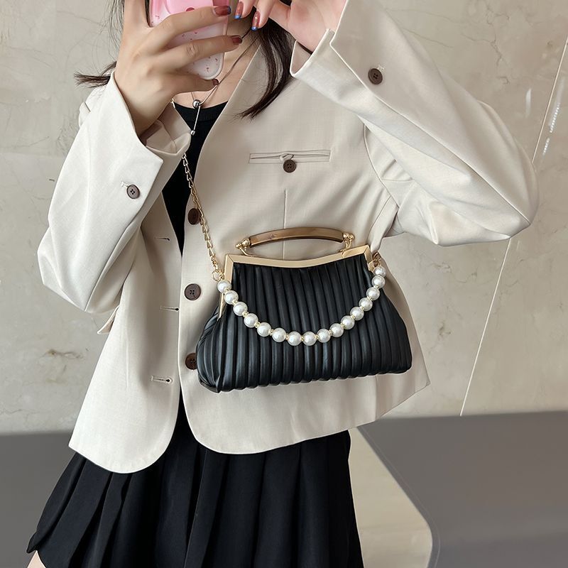 Leather Shoulder Bag Pearl Chain Handbag Crossbody Bags Chain Purse 26*9*15 CM