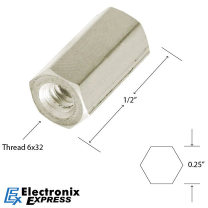 5 Pack Threaded Spacers ½" L, #6-32 Thread Size, 0.25" OD