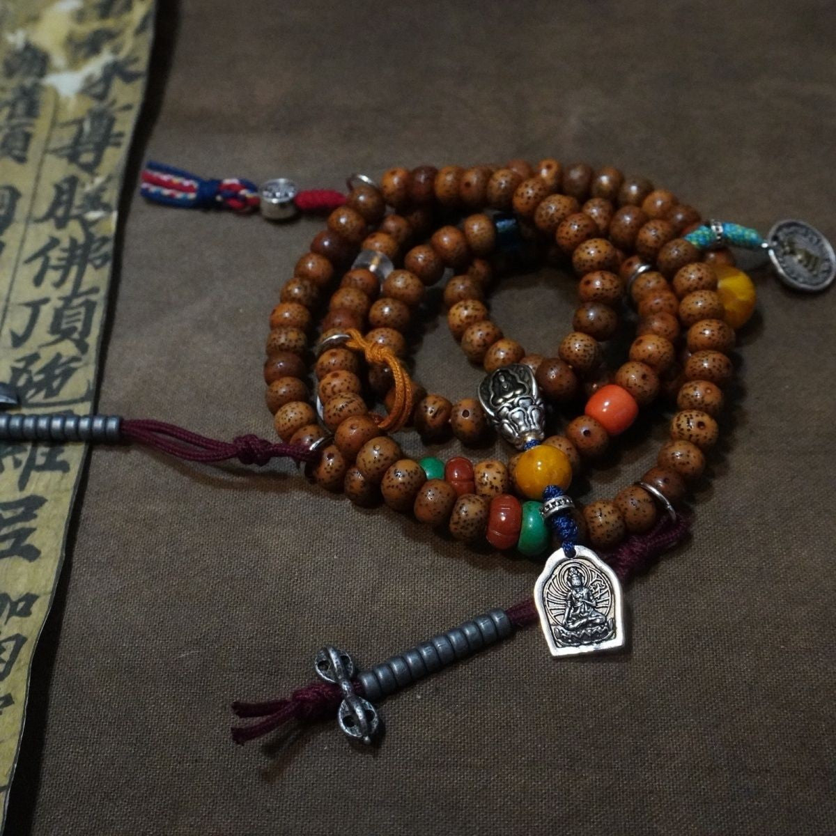 Star Moon Bodhi Seed Mala Bracelet 7x9mm Tibetan 4-Wrap Prayer Beads
