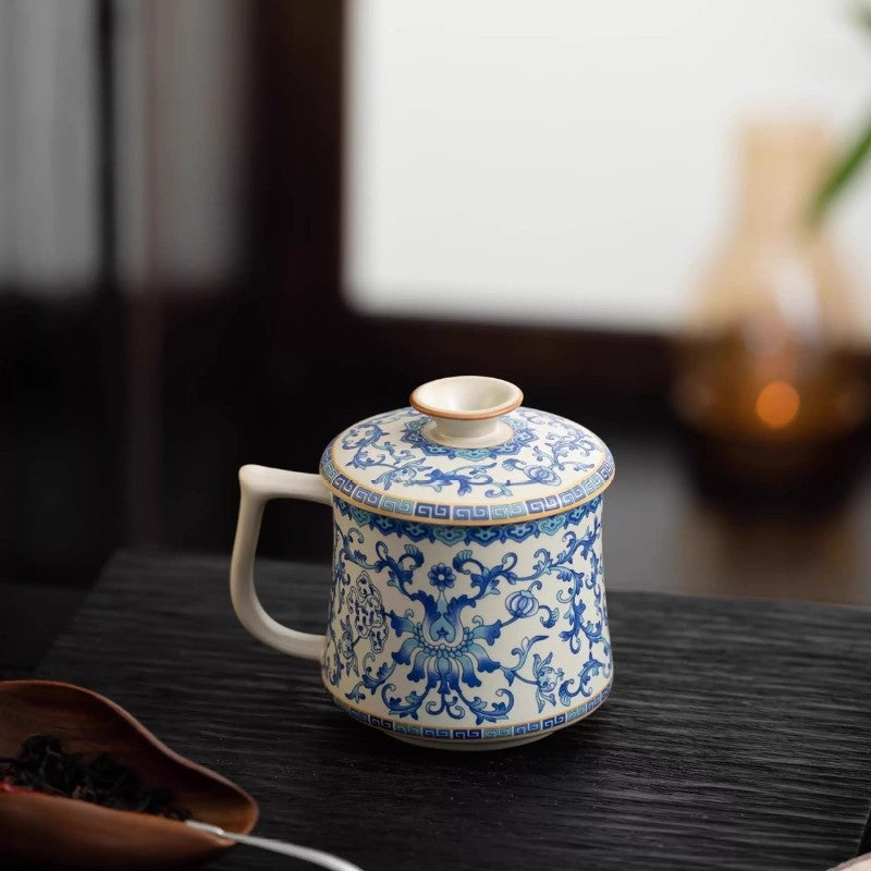 Ceramic Tea Cup With Handle Lid Blue-and-white Porcelain Office Mug Ruyao Craft