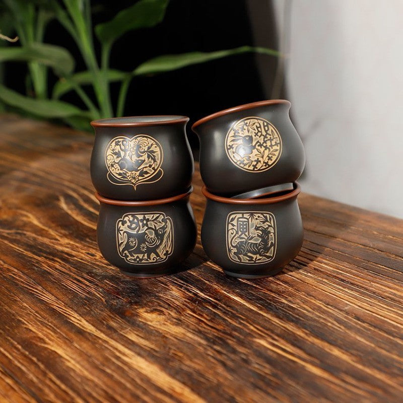 70ml Chinese Purple Pottery Handcarved Twelve Zodiac Master Cup Kungfu Teaware