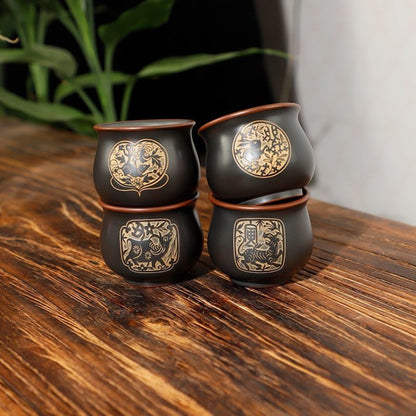 70ml Chinese Purple Pottery Handcarved Twelve Zodiac Master Cup Kungfu Teaware