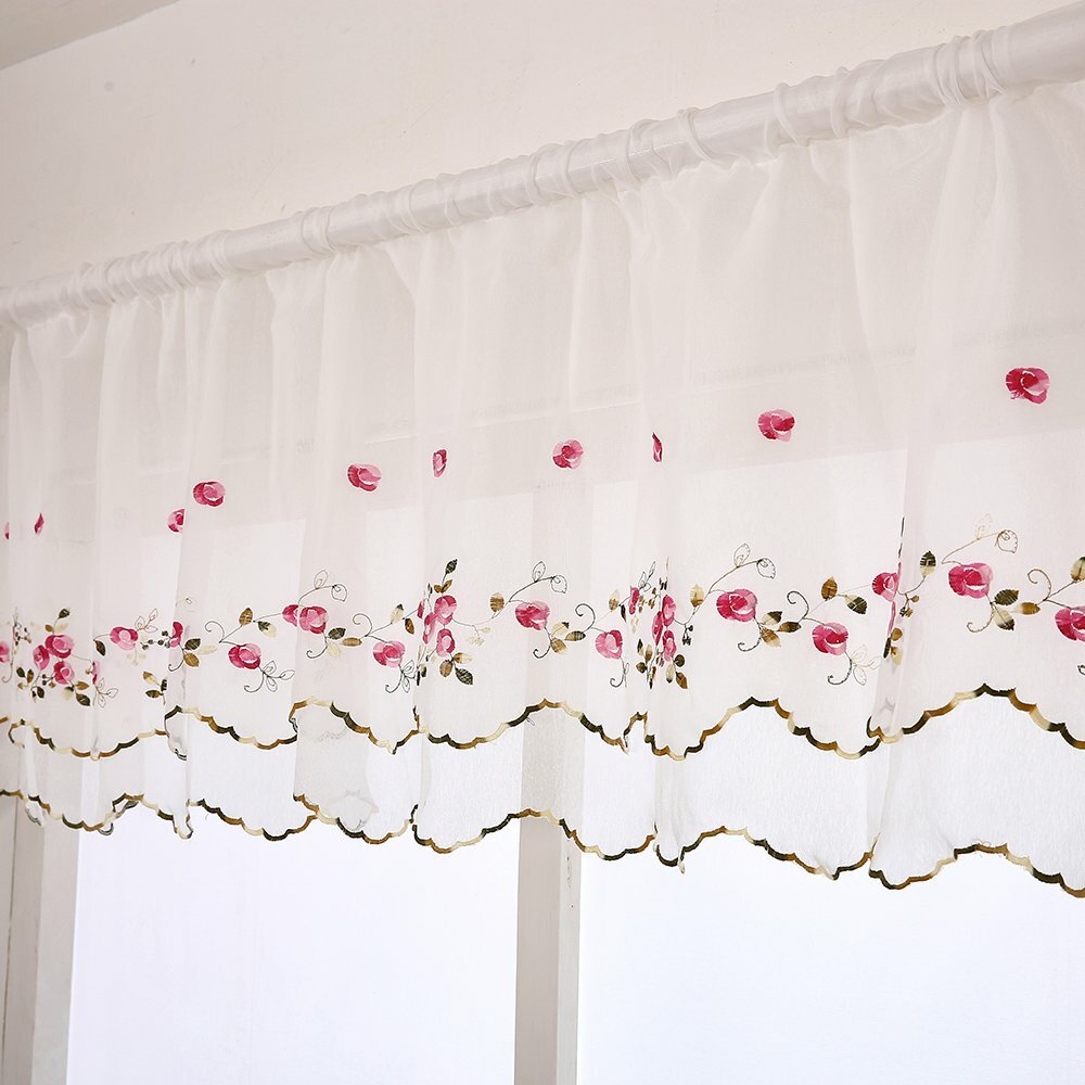 Floral Embroidered Sheer Kitchen Cafe Curtain Voile Tier Valance Short Panel
