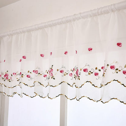 Floral Embroidered Sheer Kitchen Cafe Curtain Voile Tier Valance Short Panel