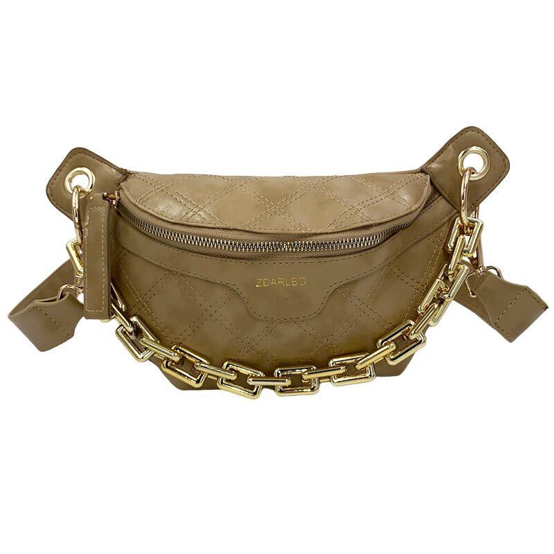 Thick Chain Fanny Pack Plaid Leather Waist Bag Shoulder Crossbody Handbags Belt