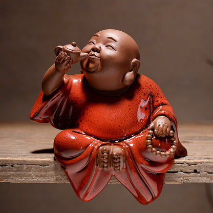 Buddha Drinking Tea Creative Artware Yixing Zisha Purple Clay Porcelain Tea Pet