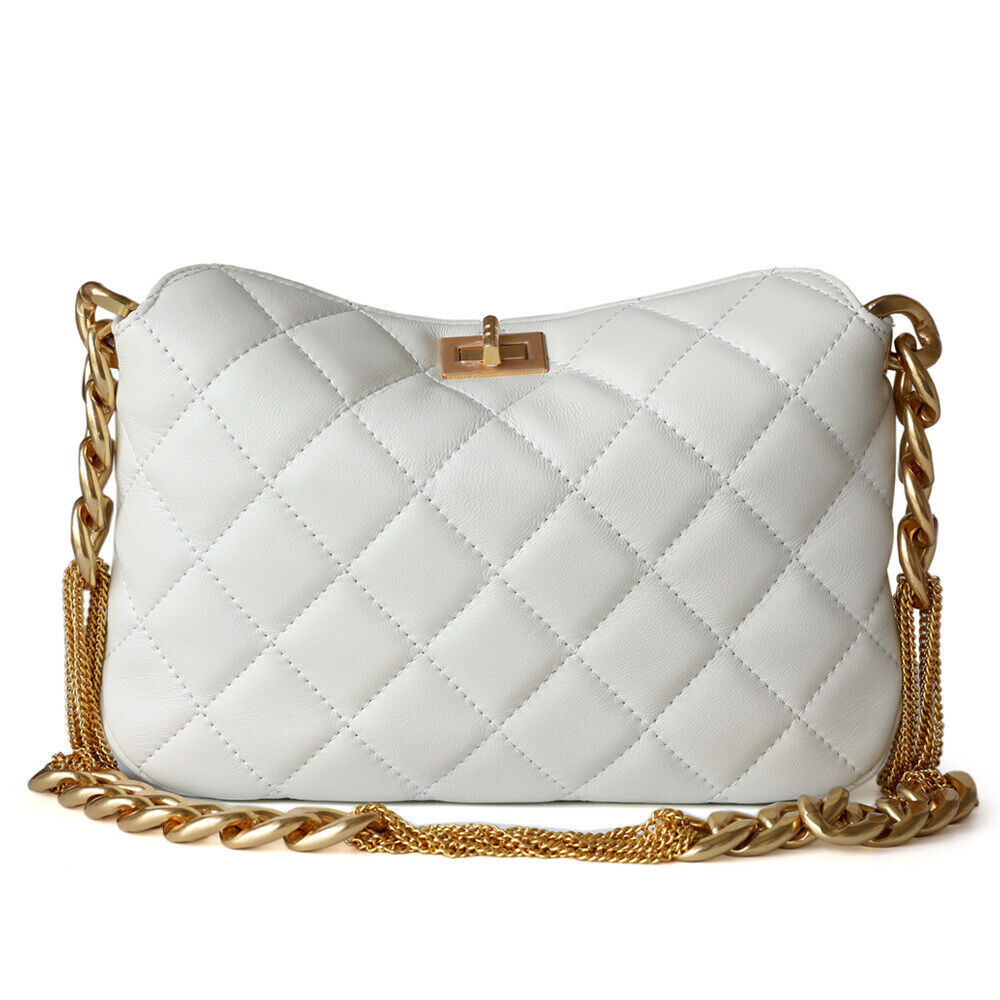 Small Quilted Sheepskin Leather Shoulder Bag Clutch Purse w/ Chain Strap Fashion