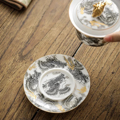 Chinese Dark Dragon Sheep Fat Jade Porcelain Gaiwan High-end Retro Tea Bowl