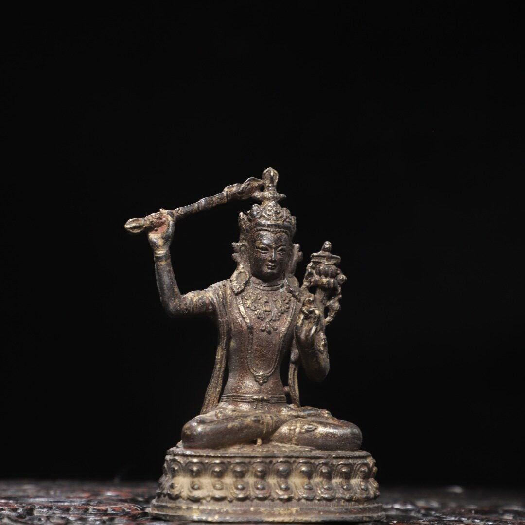 7.6"Xizang Buddhism Temple Bronze Hold Sword Manjushri Tara Buddha Statue
