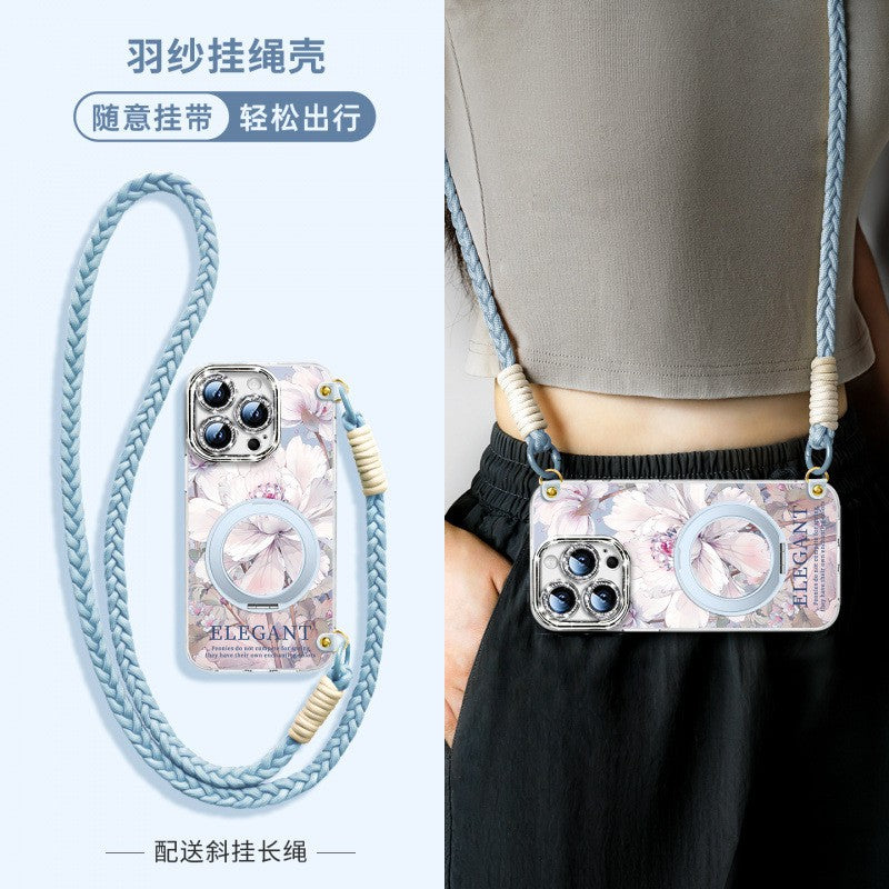 For iPhone 16 Pro/15/14/13 Flower Phone Case with Lanyard/Stand/Crossbody Strap