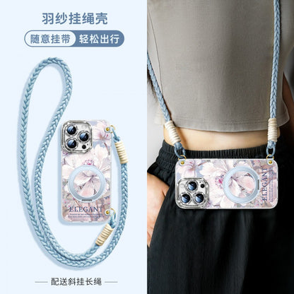 For iPhone 16 Pro/15/14/13 Flower Phone Case with Lanyard/Stand/Crossbody Strap