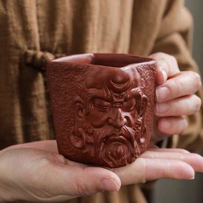 Master Grade Yixing Purple Clay Dharma Cup Hand Carved Square Tea Cup